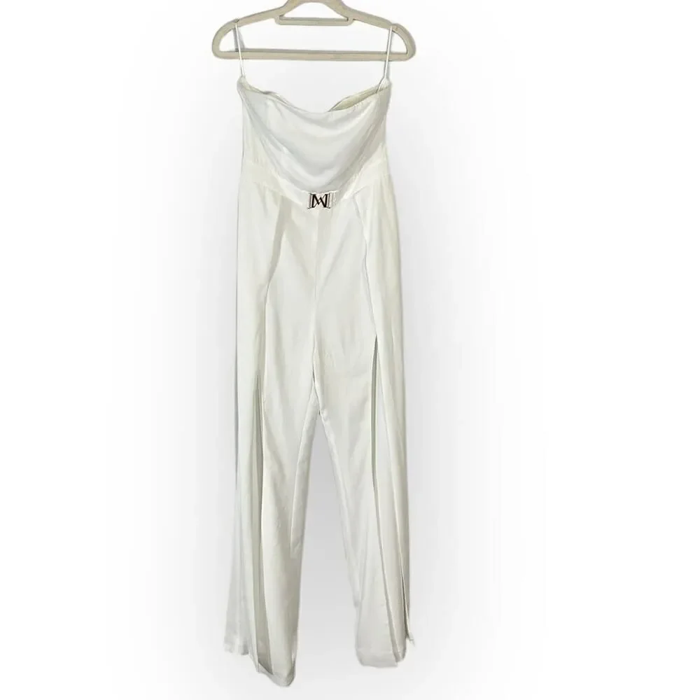 Meshki Livia‎ Jumpsuit Women's Medium White Open Leg Strapless Gold Logo